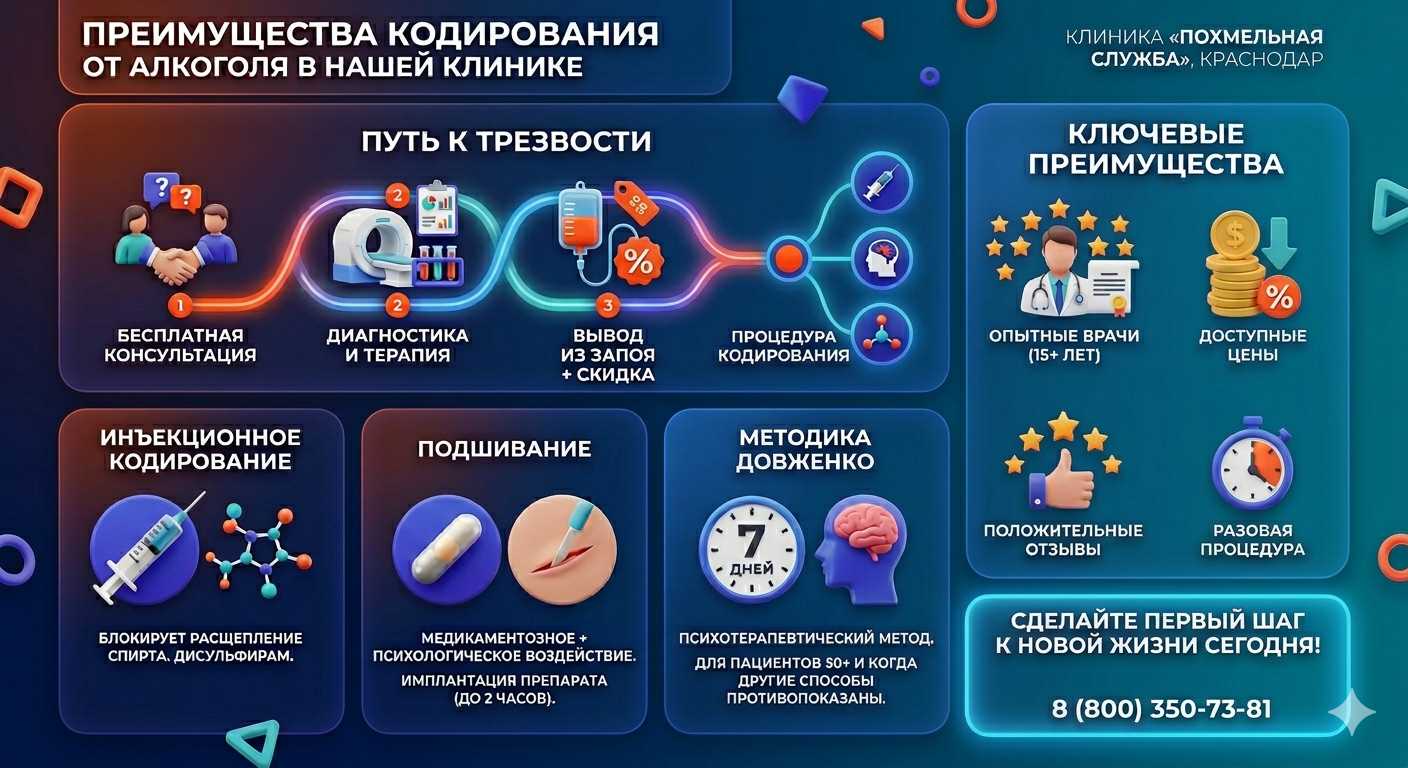 Инфографика о методах кодирования от алкоголя в Козьмодемьянске: инъекции, подшивание, метод Довженко. Преимущества клиники и этапы лечения.